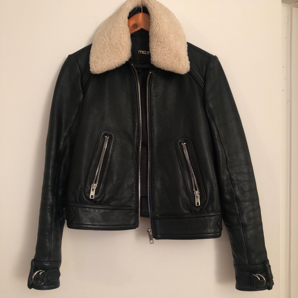 Maje leather jacket with shearling removable trim